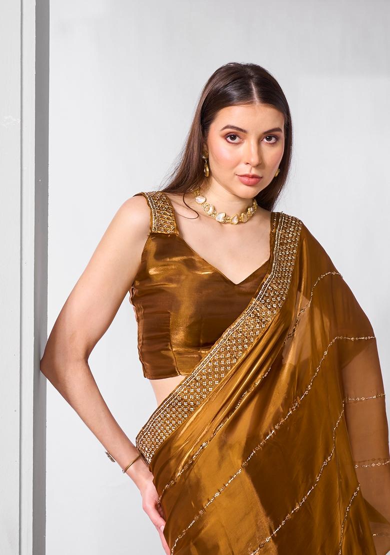 Brown Embroidered Chiffon Saree Set