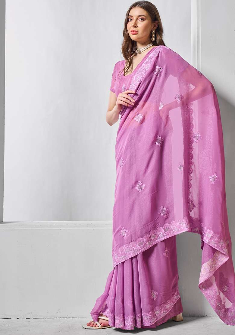 Purple Embroidered Chiffon Saree Set - Indya