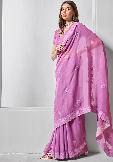 Purple Embroidered Chiffon Saree Set