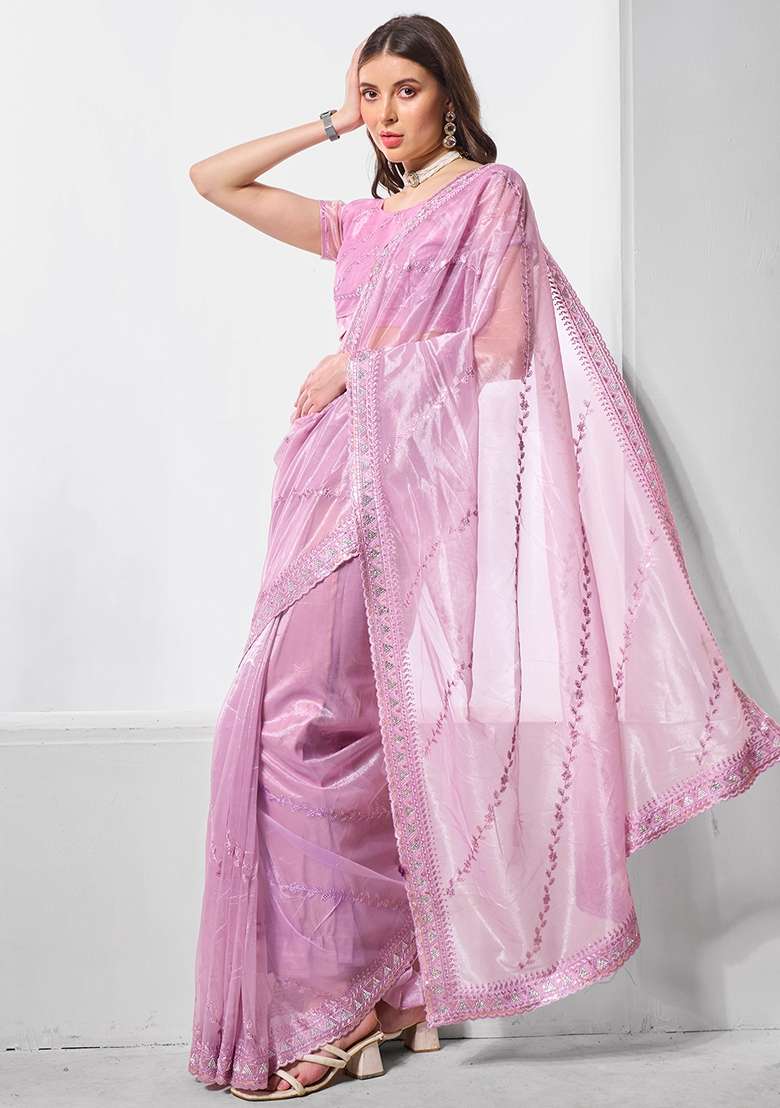 Purple Embroidered Net Saree Set - Indya