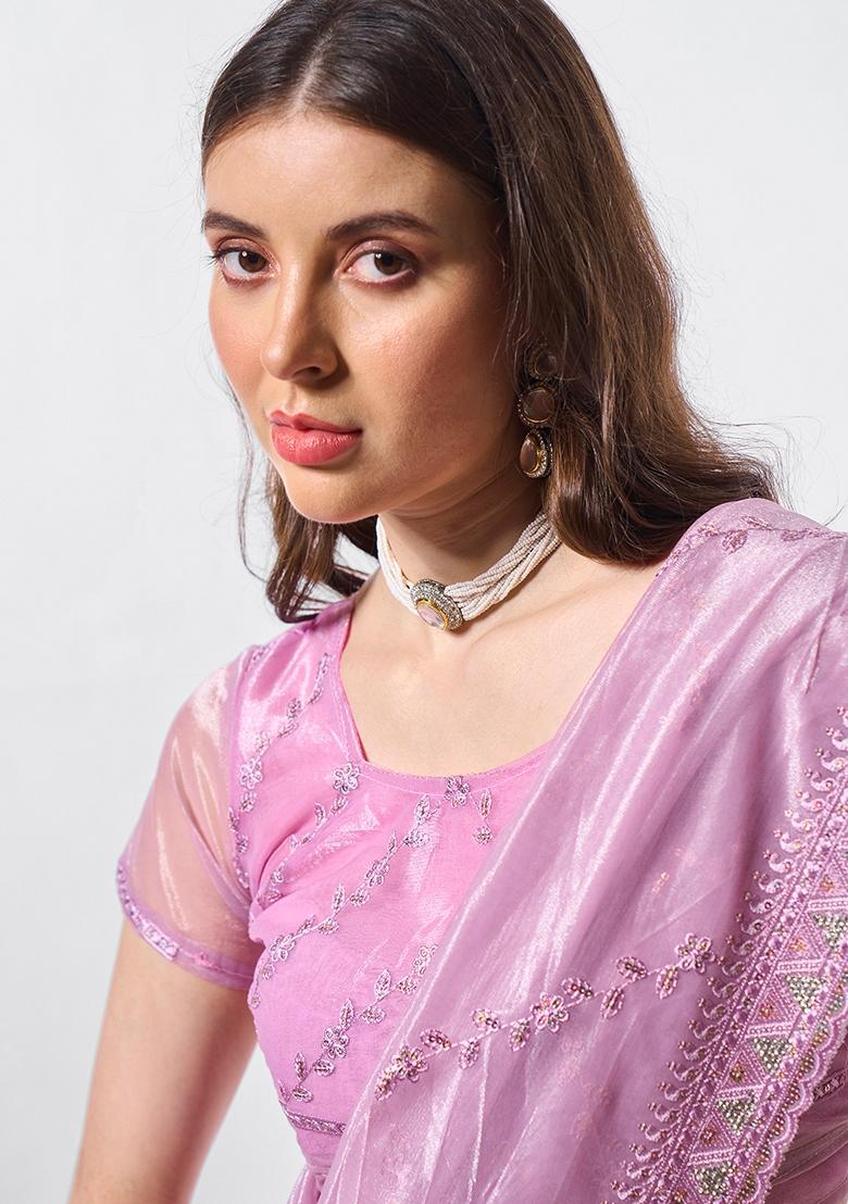 Purple Embroidered Net Saree Set