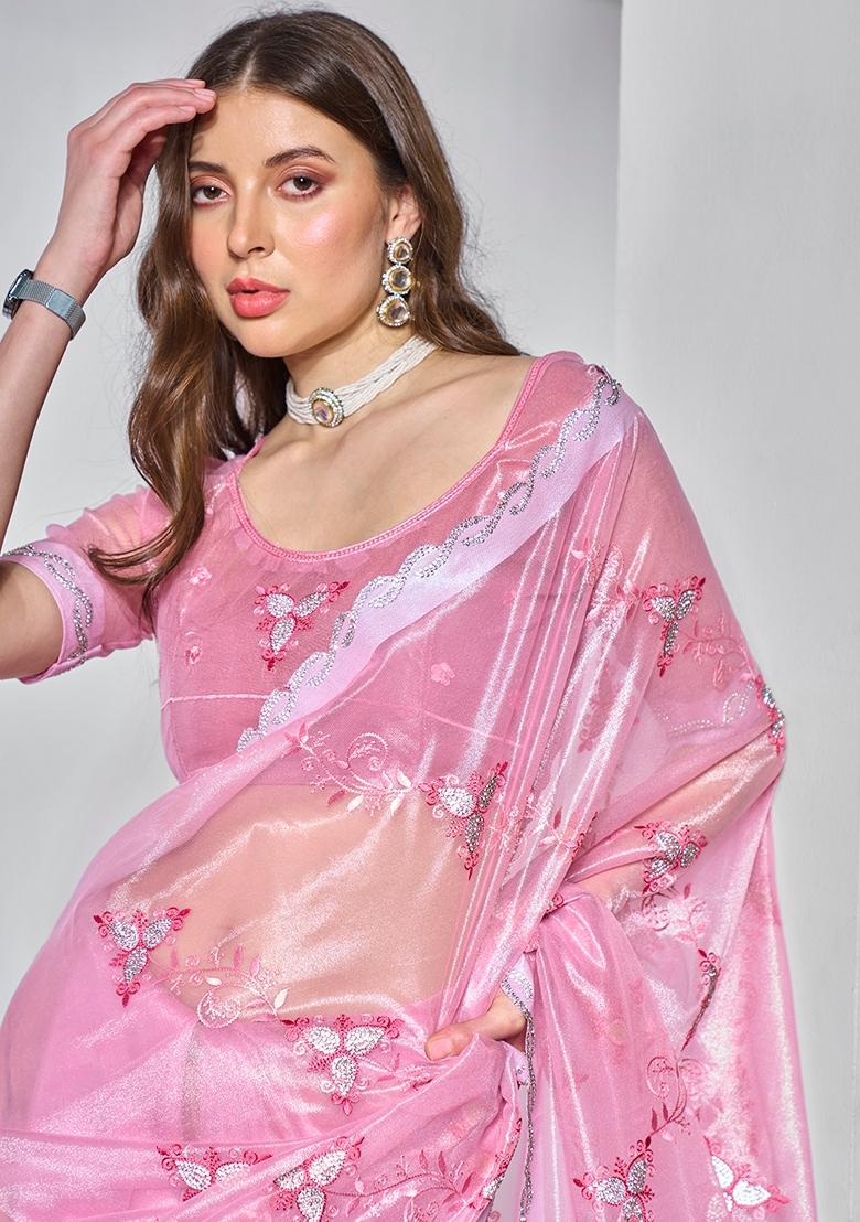 Pink Embroidered Net Saree Set