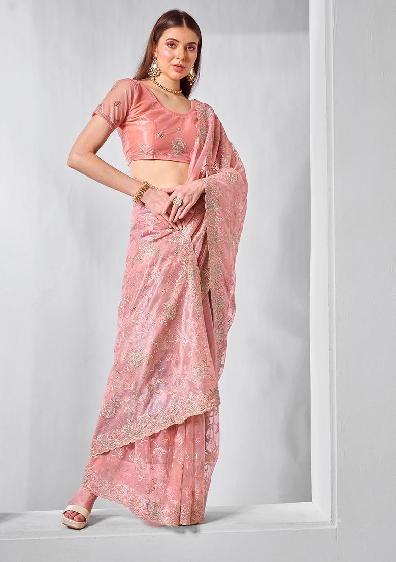 Peach Embroidered Net Saree Set