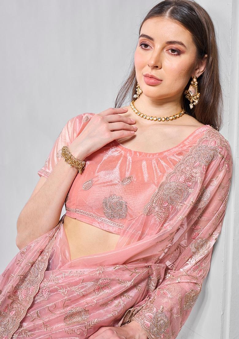 Peach Embroidered Net Saree Set