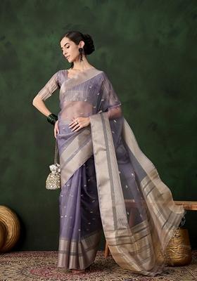 Lavender Woven Organza Saree Set