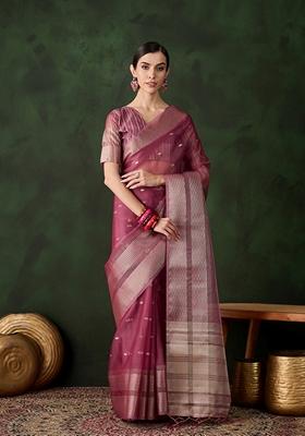 Magenta Woven Organza Saree Set