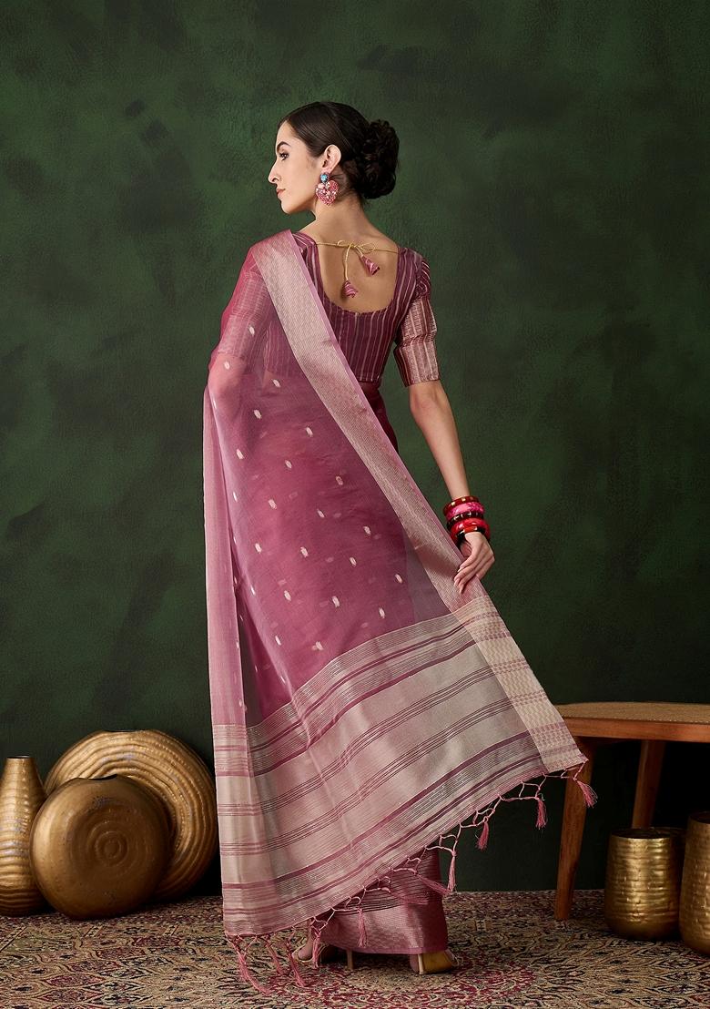 Magenta Woven Organza Saree Set