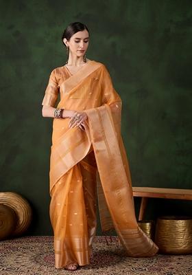 Orange Woven Organza Saree Set