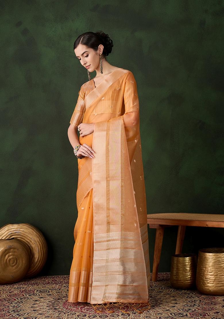 Orange Woven Organza Saree Set