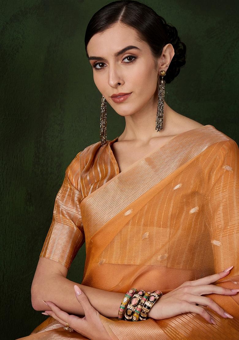 Orange Woven Organza Saree Set