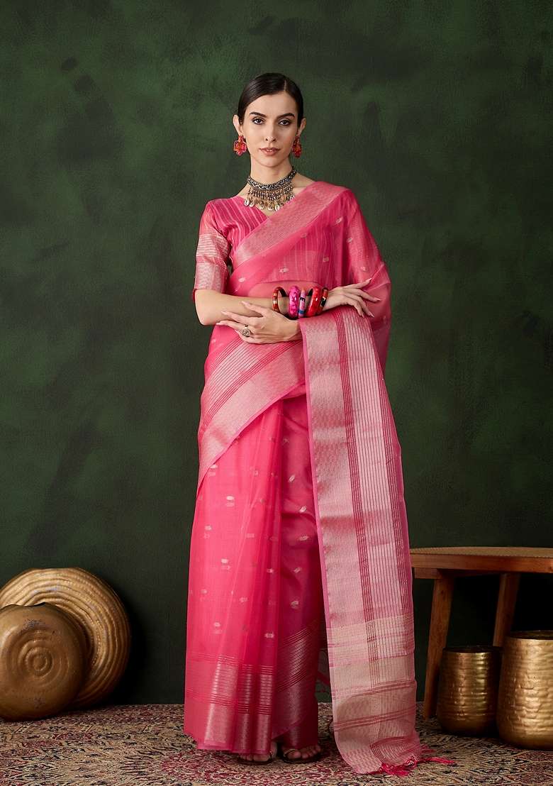 Pink Woven Organza Saree Set - Indya