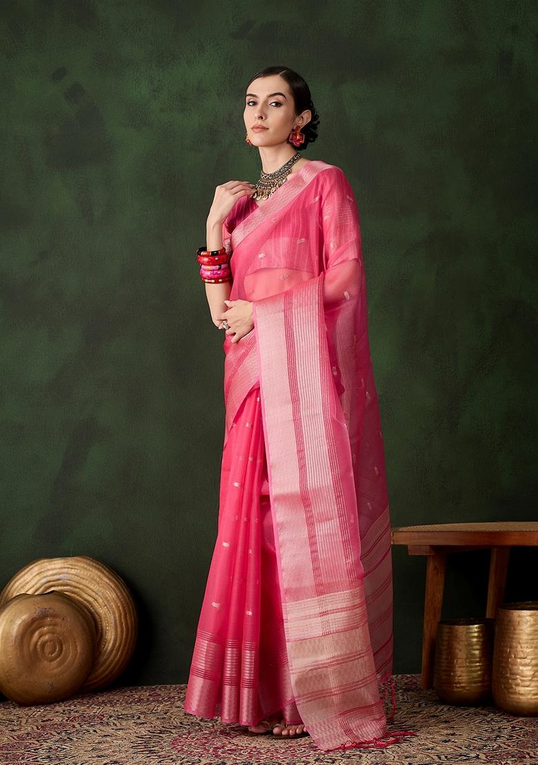 Pink Woven Organza Saree Set