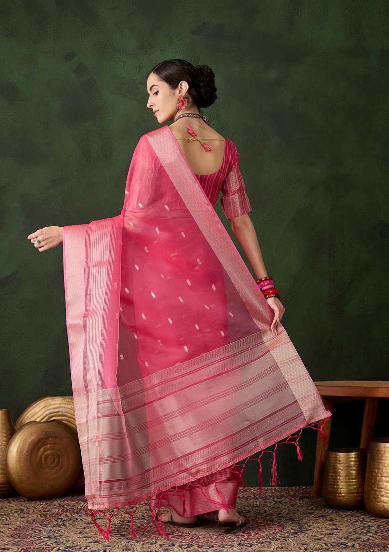 Pink Woven Organza Saree Set - Indya