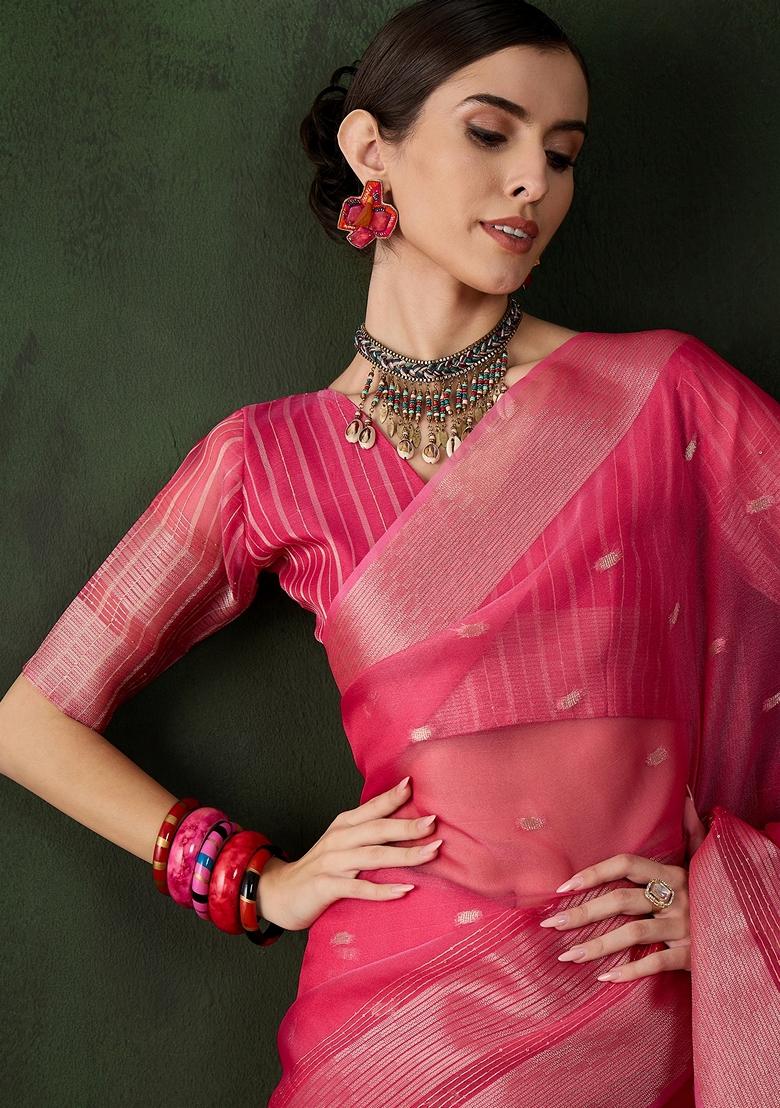 Pink Woven Organza Saree Set
