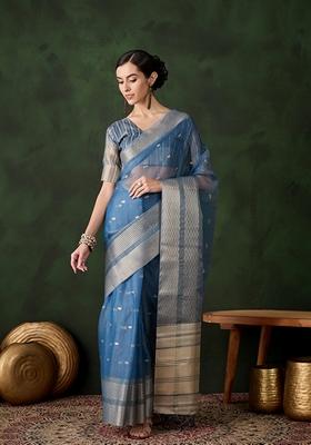 Teal Woven Organza Saree Set
