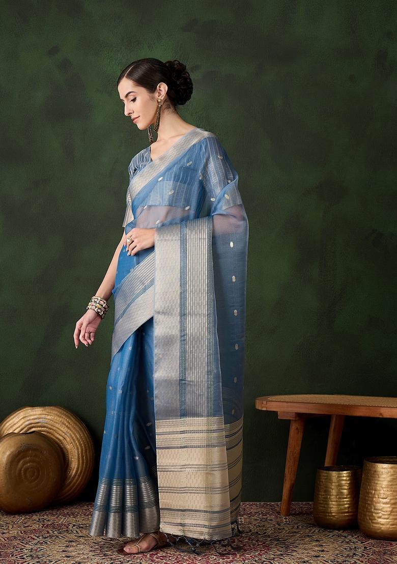 Teal Woven Organza Saree Set