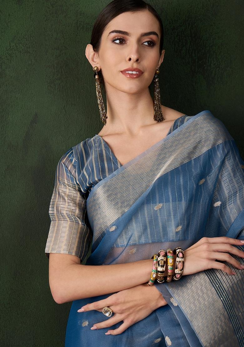 Teal Woven Organza Saree Set