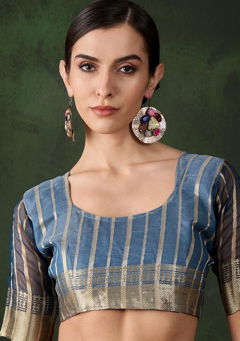 Blue Woven Organza Saree Set