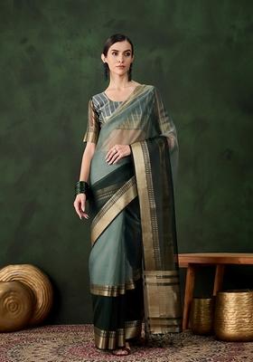 Green Woven Organza Saree Set