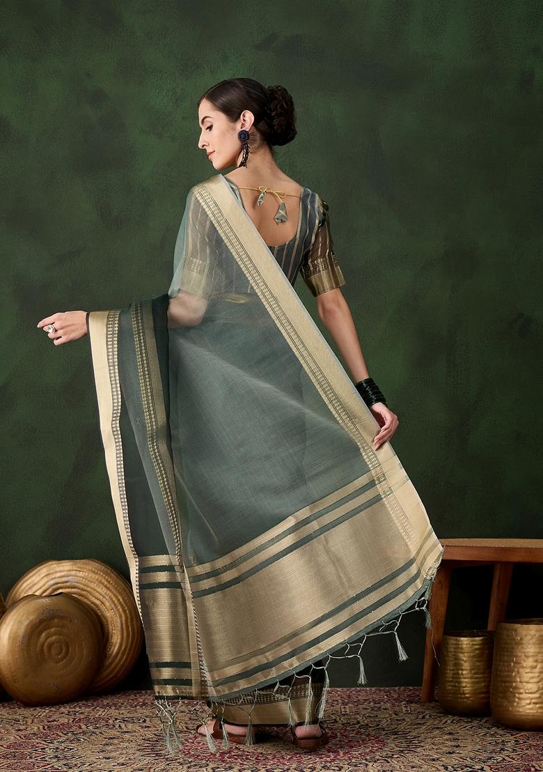 Green Woven Organza Saree Set