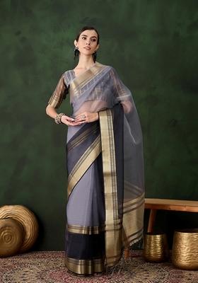 Grey Woven Organza Saree Set