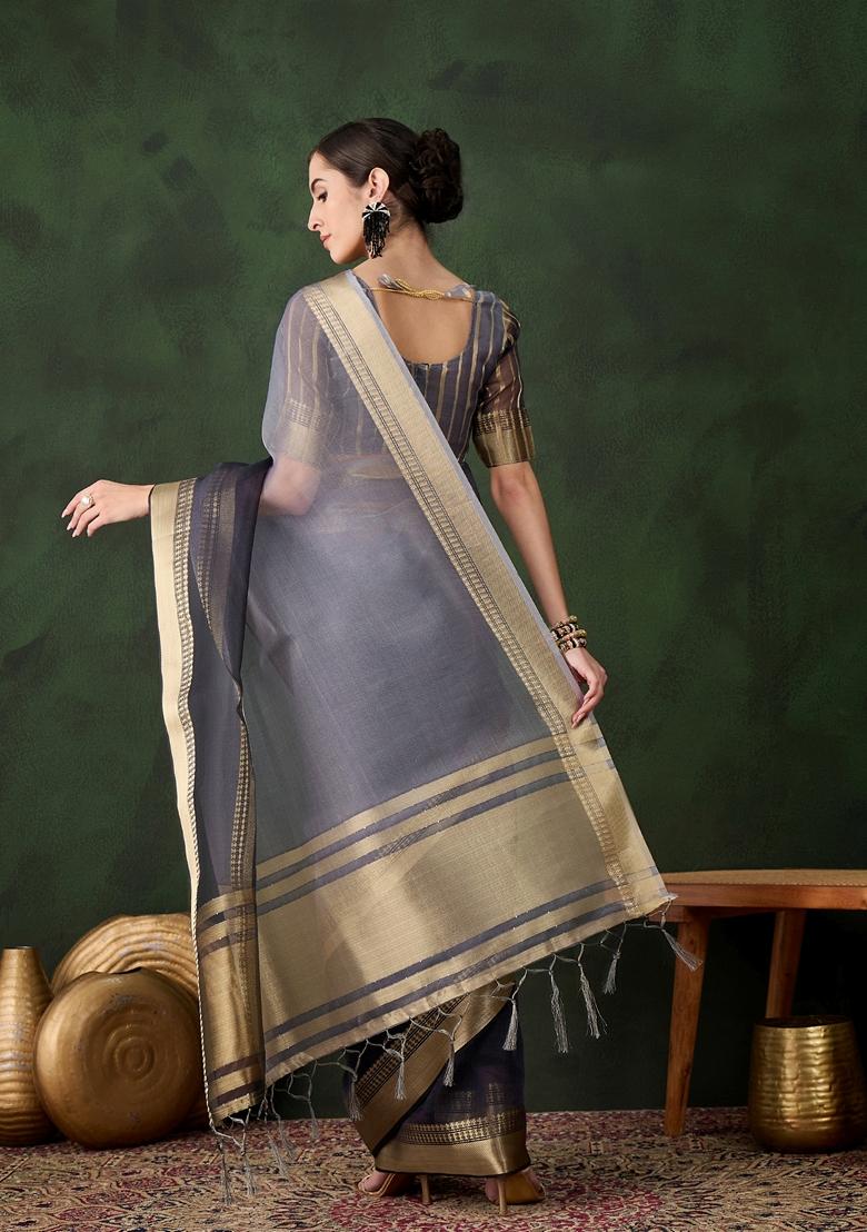 Grey Woven Organza Saree Set