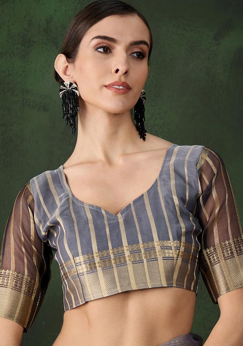 Grey Woven Organza Saree Set