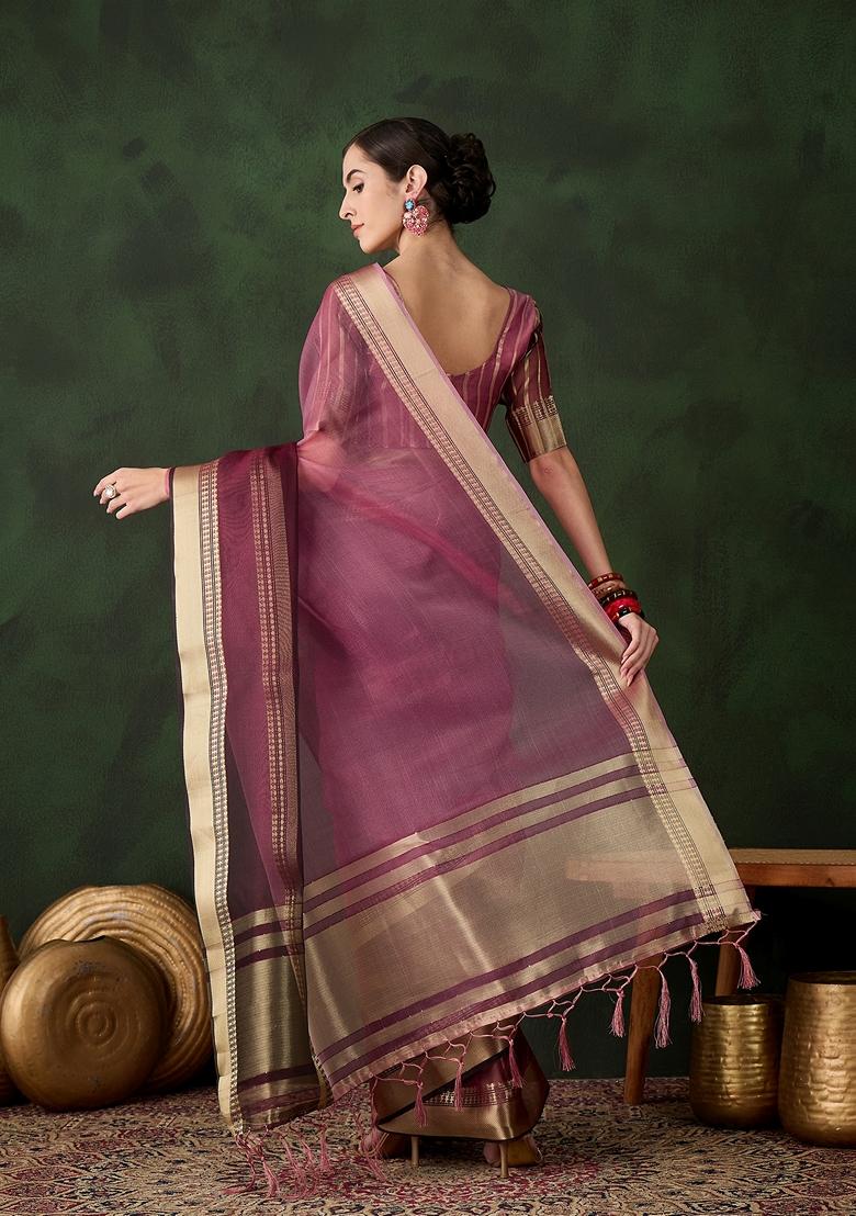 Wine Woven Organza Saree Set