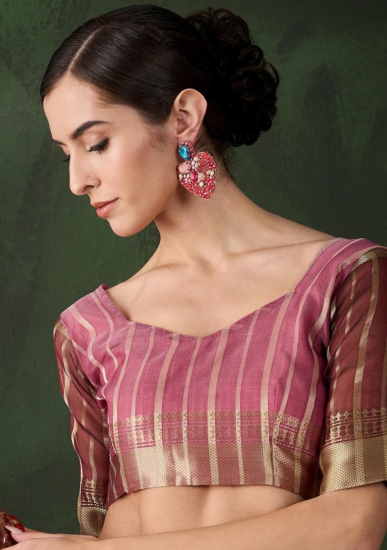 Wine Woven Organza Saree Set