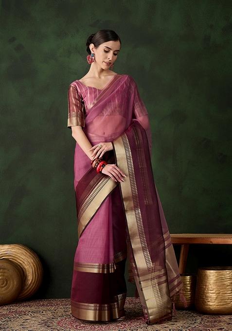 Wine Woven Organza Saree Set