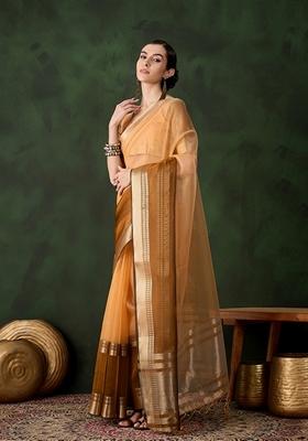 Yellow Woven Organza Saree Set