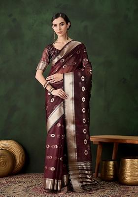 Burgundy Woven Organza Saree Set