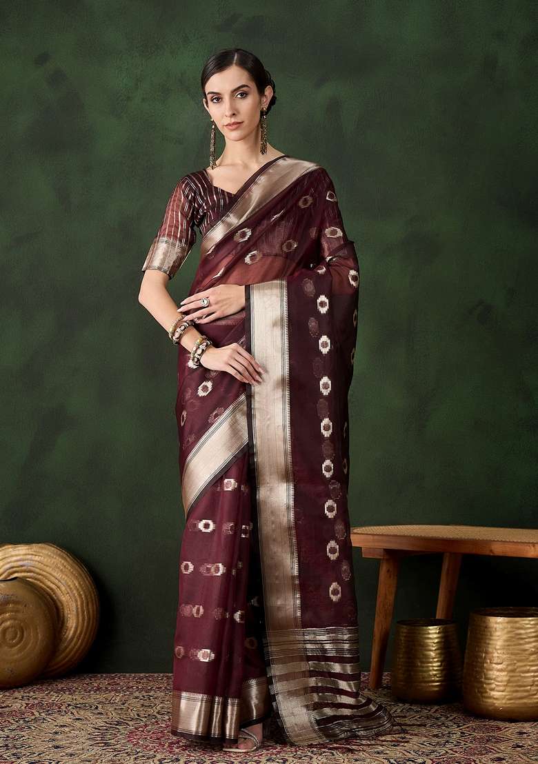 Burgundy Woven Organza Saree Set - Indya