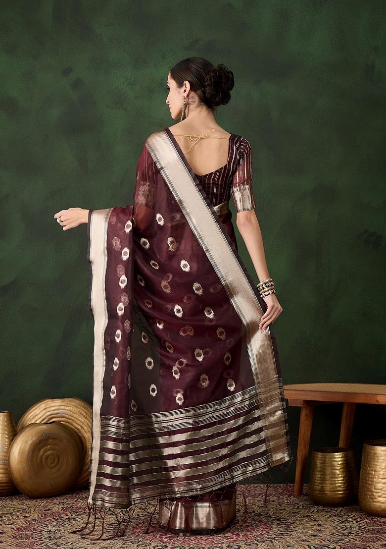 Burgundy Woven Organza Saree Set