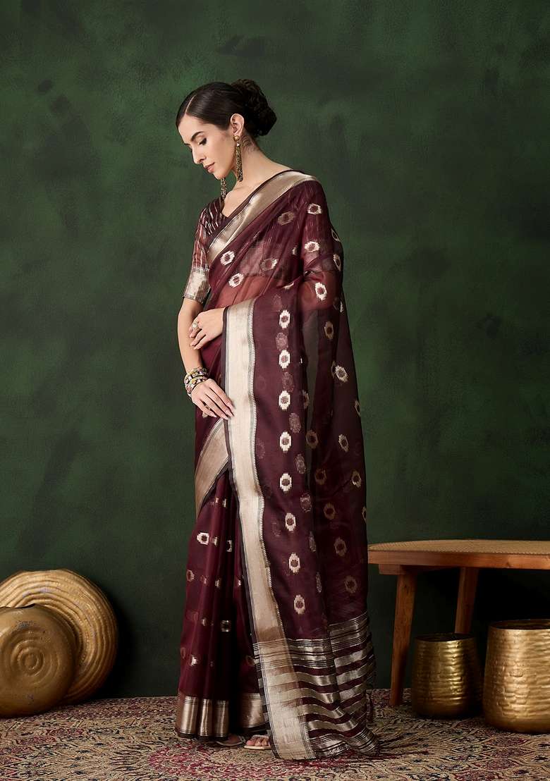 Burgundy Woven Organza Saree Set - Indya