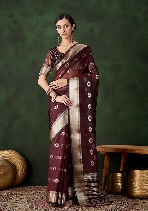 Burgundy Woven Organza Saree Set