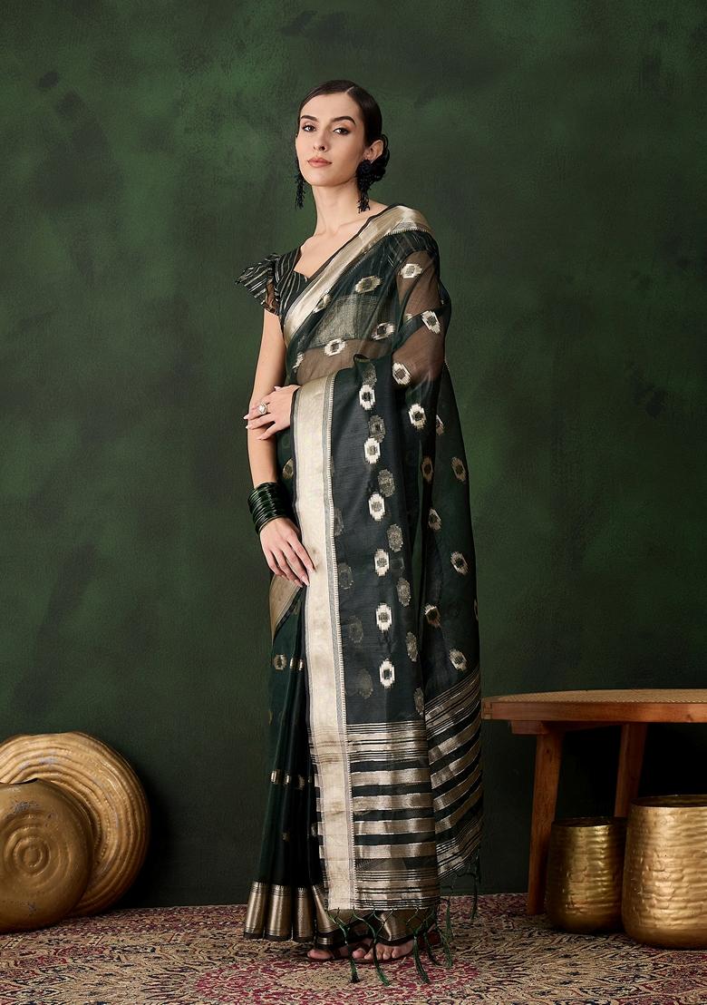 Green Woven Organza Saree Set