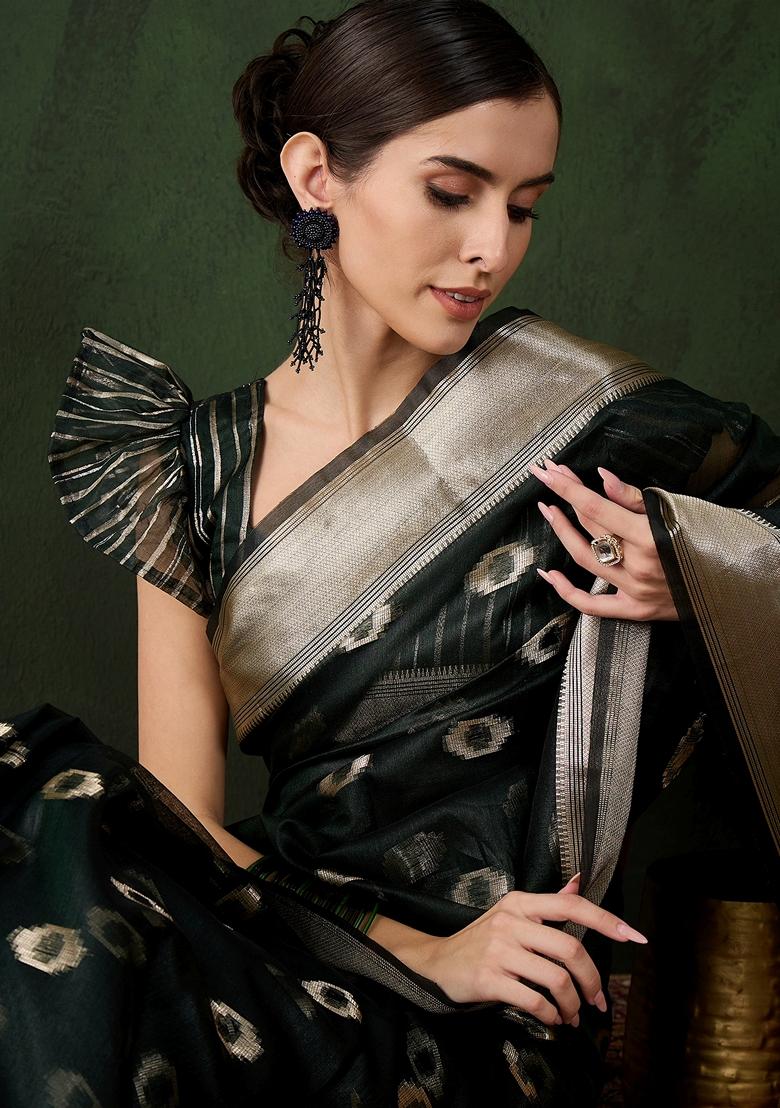 Green Woven Organza Saree Set