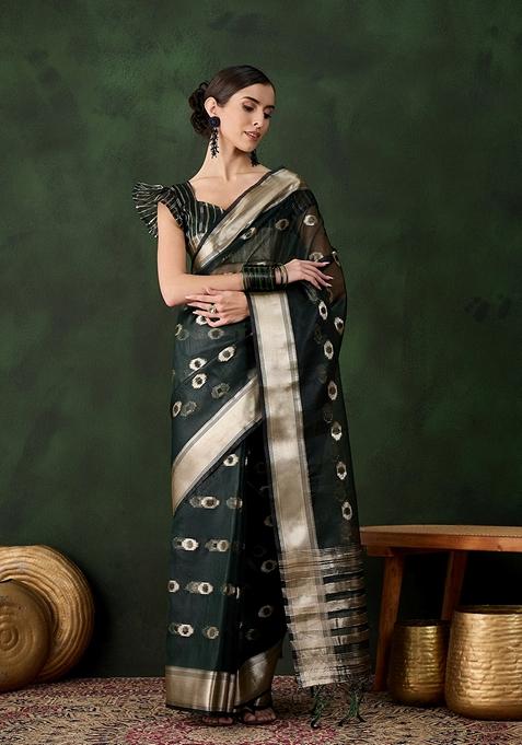 Green Woven Organza Saree Set