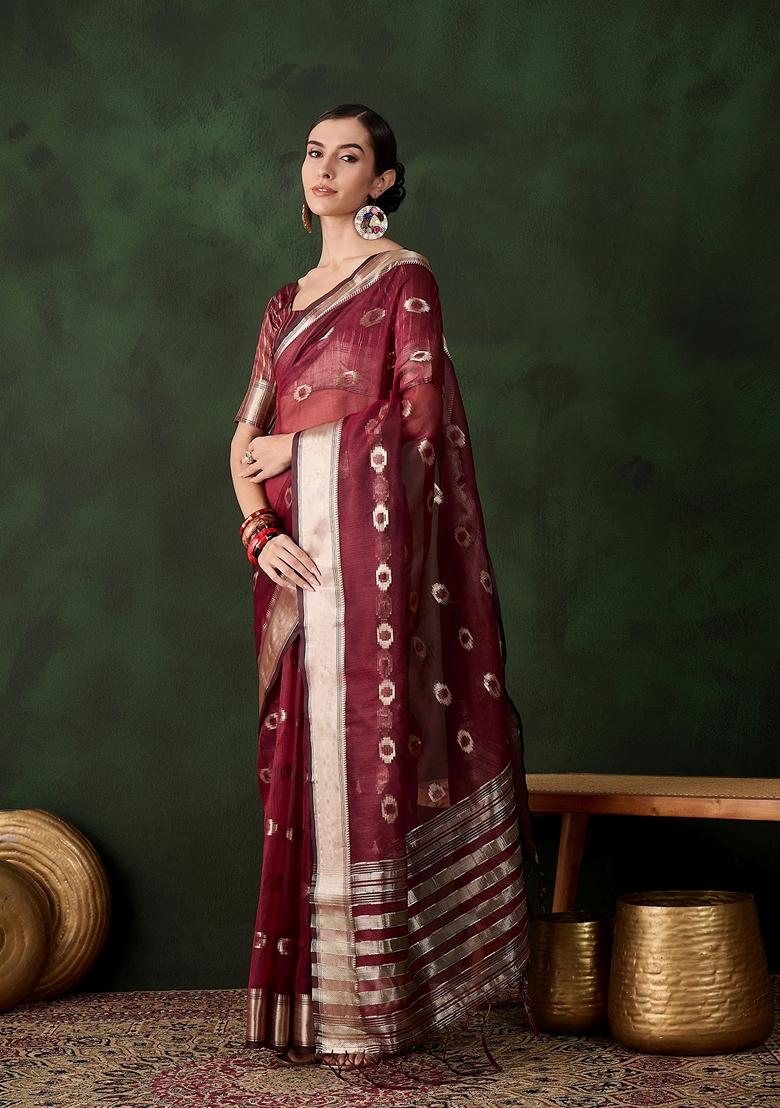 Maroon Woven Organza Saree Set