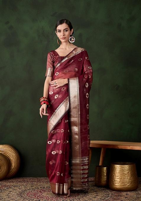 Maroon Woven Organza Saree Set