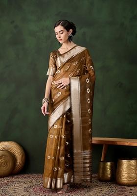 Mustard Yellow Woven Organza Saree Set