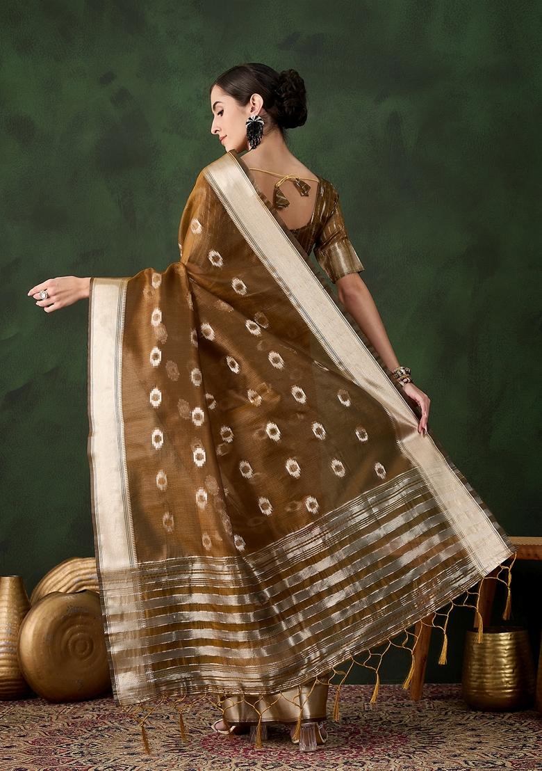 Mustard Yellow Woven Organza Saree Set
