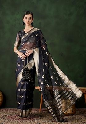 Navy Blue Woven Organza Saree Set