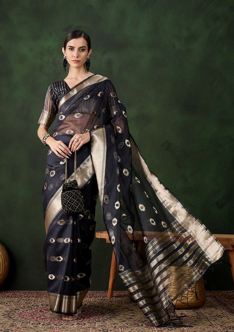Navy Blue Woven Organza Saree Set - Indya