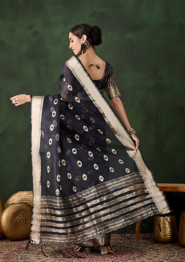 Navy Blue Woven Organza Saree Set