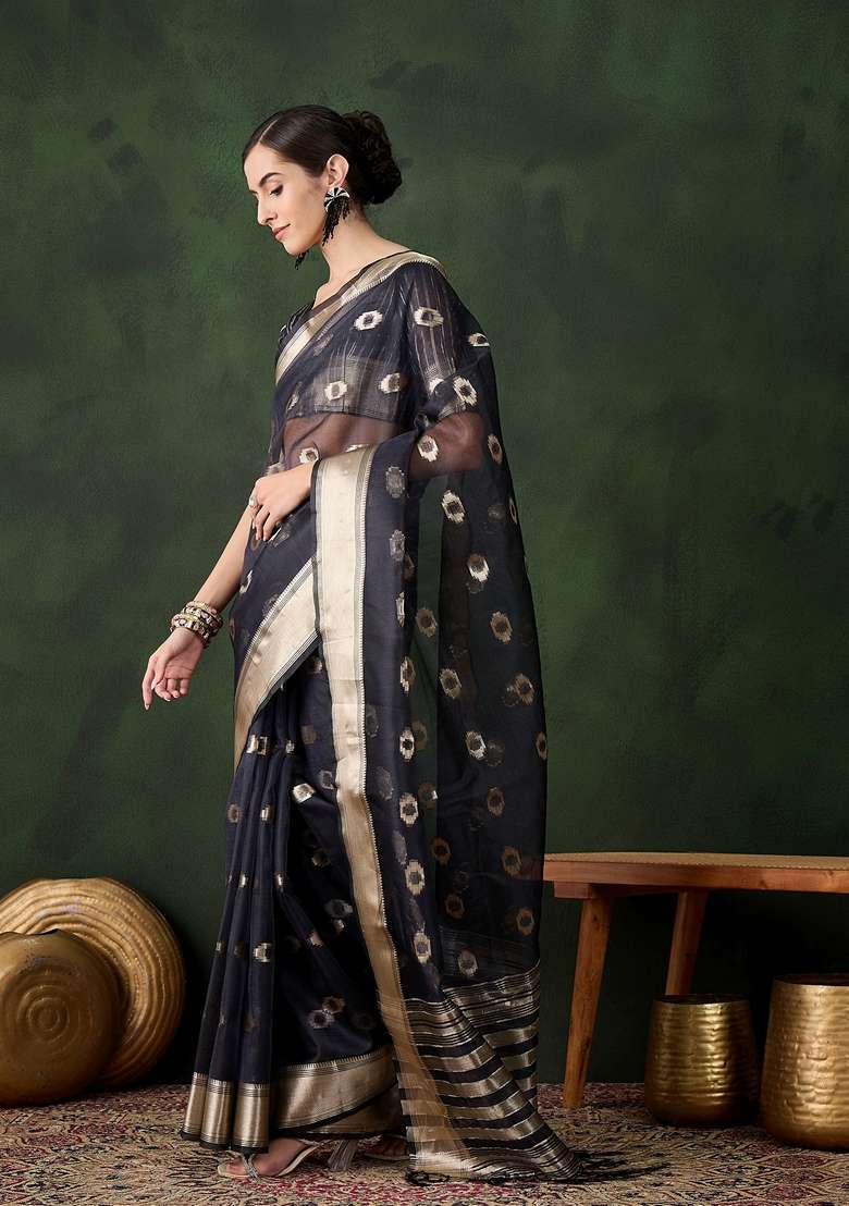 Navy Blue Woven Organza Saree Set - Indya