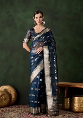Teal Woven Organza Saree Set
