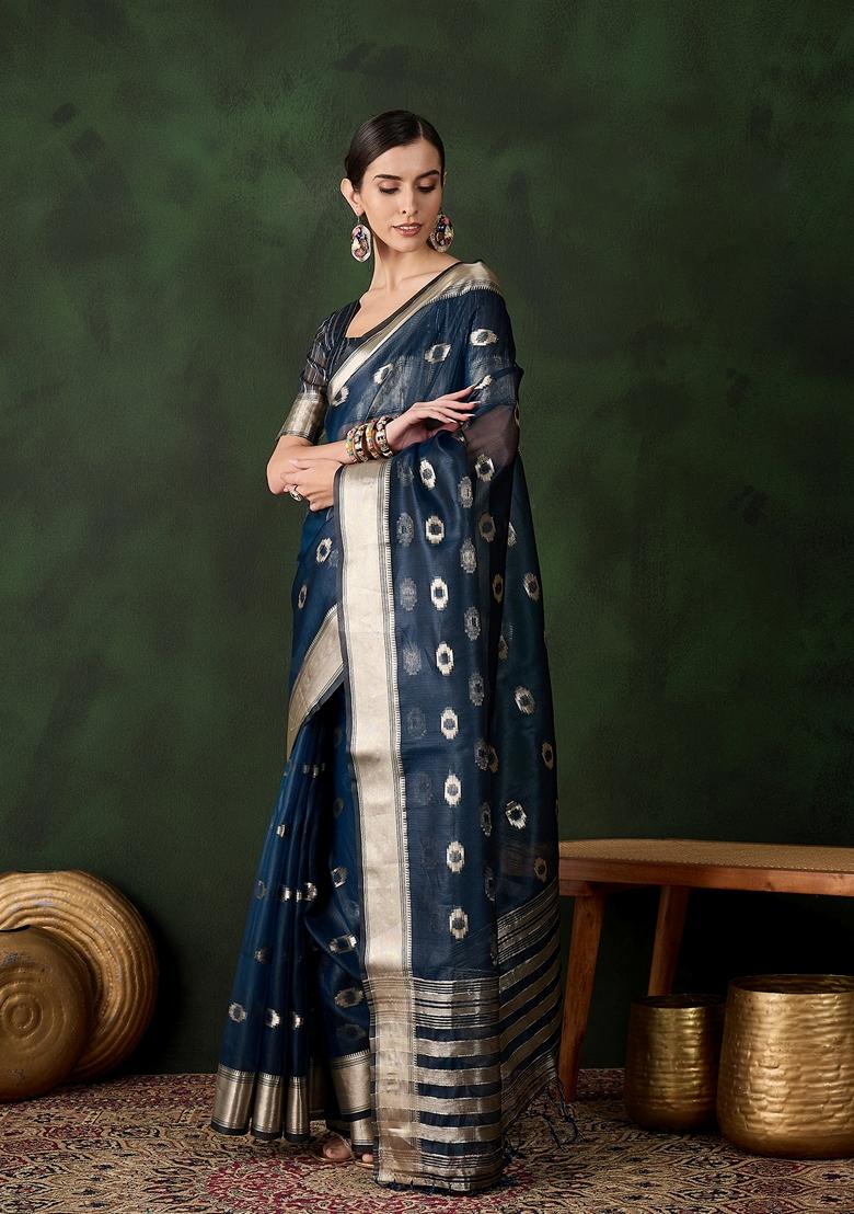 Teal Woven Organza Saree Set