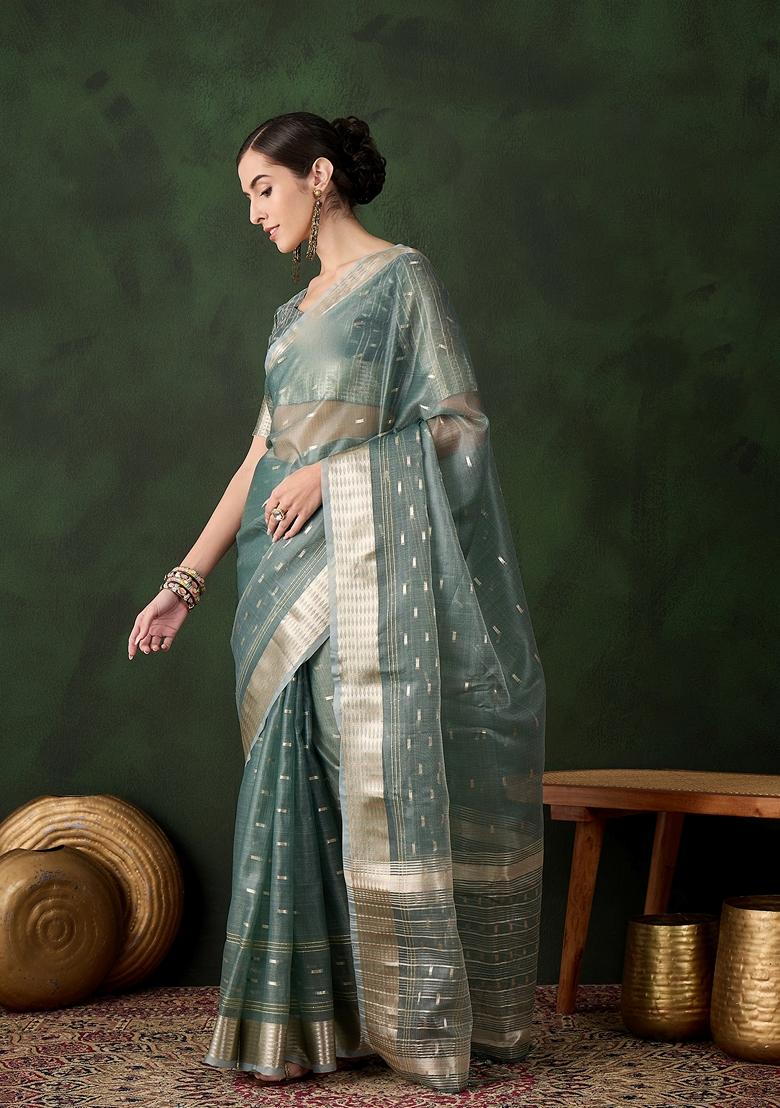Green Woven Organza Saree Set